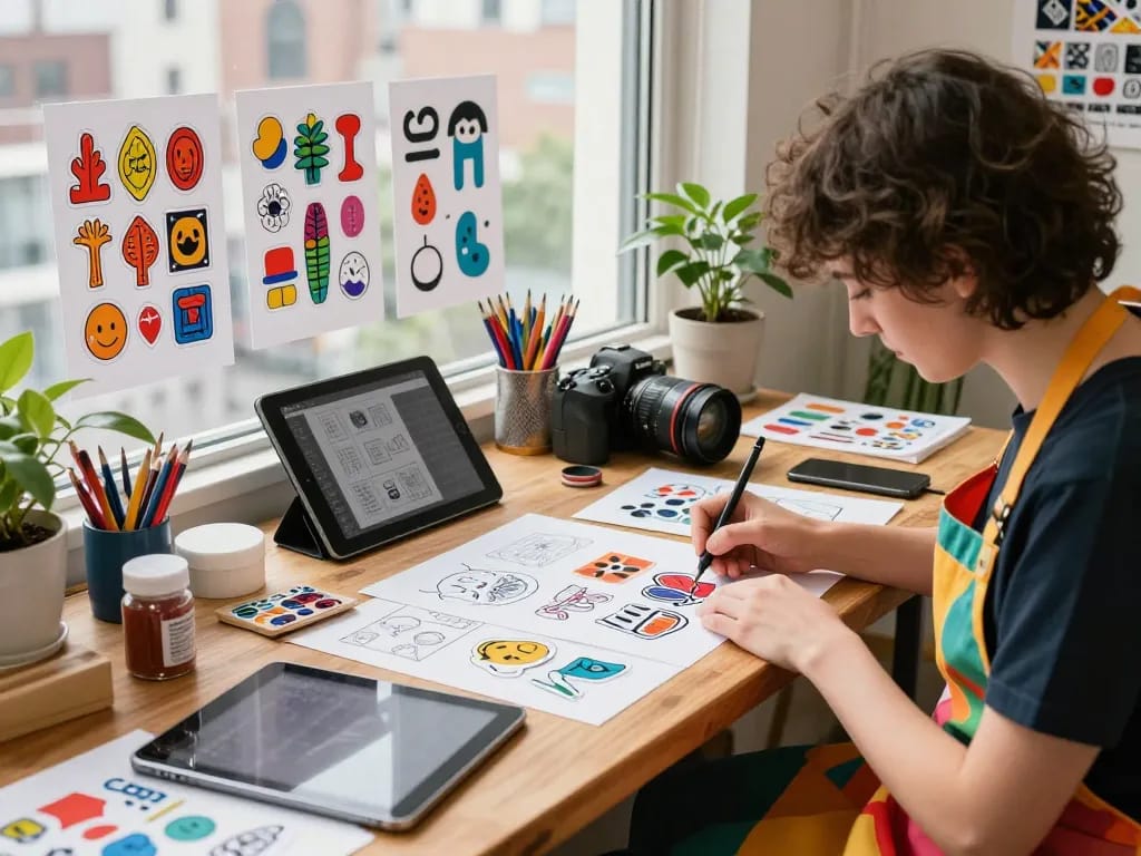 Designing unique custom stickers in a vibrant creative workspace while sticker erstellen.