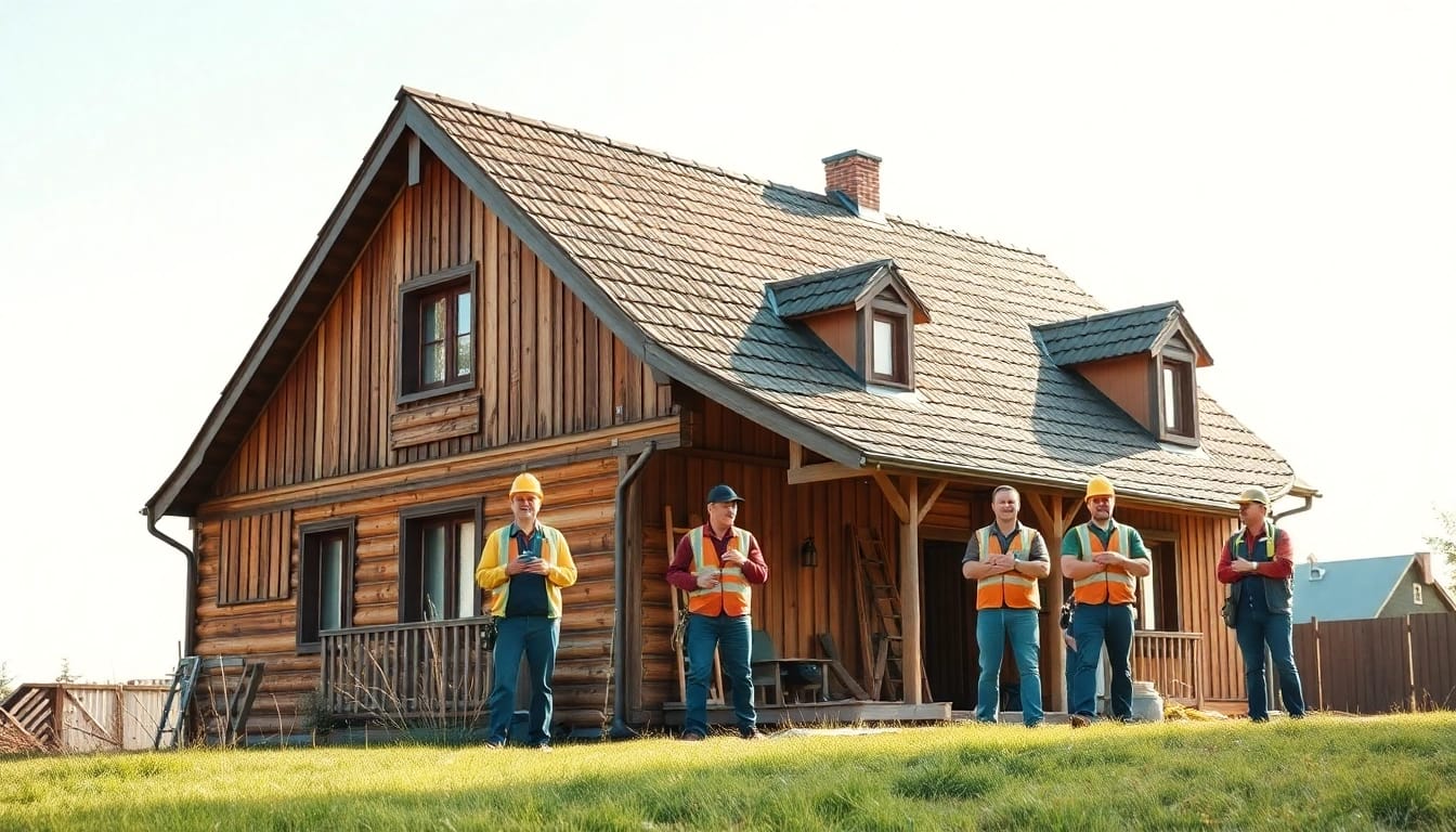 Ein Team bei der Hausrenovierung, das fachkundig an einem alten Gebäude arbeitet.