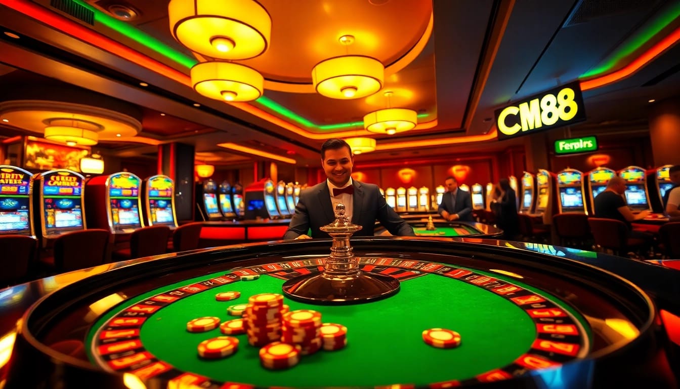 Engaging casino scene with CM88-themed roulette table attracting enthusiastic players.