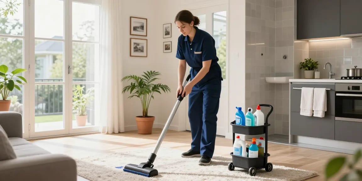 Professional cleaner in modern apartment for unterhaltsreinigung solothurn, bright and inviting atmosphere, home cleaning scene.