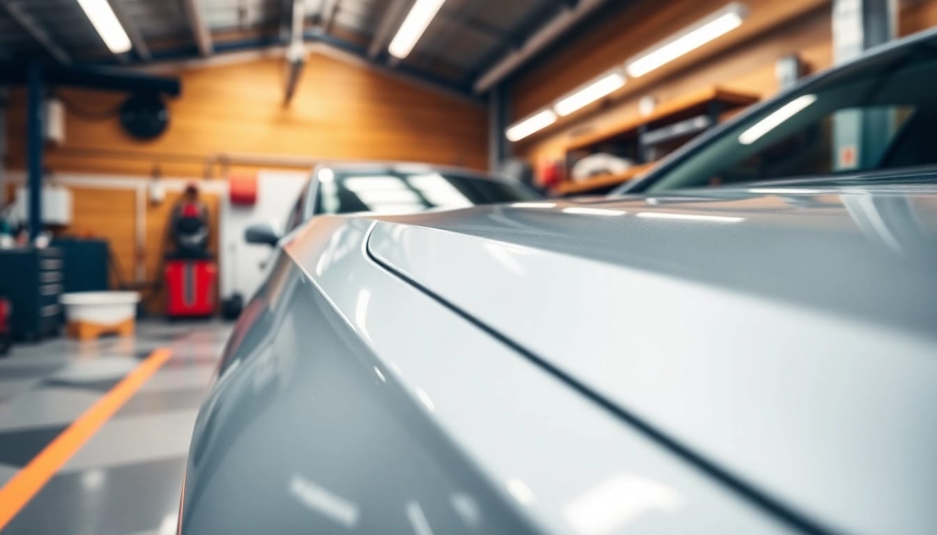 Fahrzeugaufbereitung in einem modernen Werkstatt mit einem frisch detaillierten Auto.