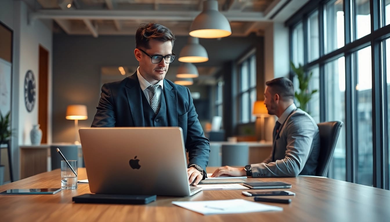 Headhunter Hannover zeigt einen professionellen Recruiter im Büro, der digitale Tools nutzt.