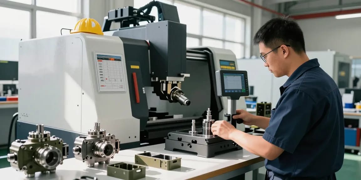 Präzisionstechnik Militär: Techniker in moderner CNC-Fertigung für militärische Komponenten.