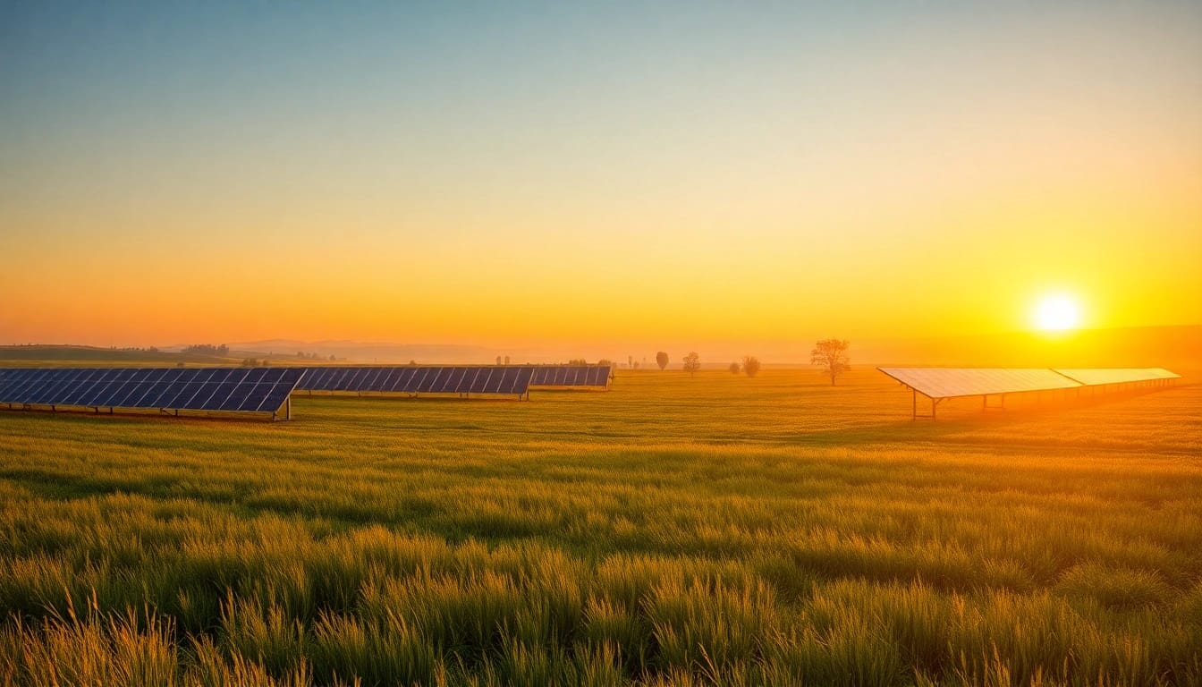 FREIFLÄCHE VERPACHTEN: Blick auf ein sonniges Feld mit Solarpanelen für nachhaltige Energieerzeugung.