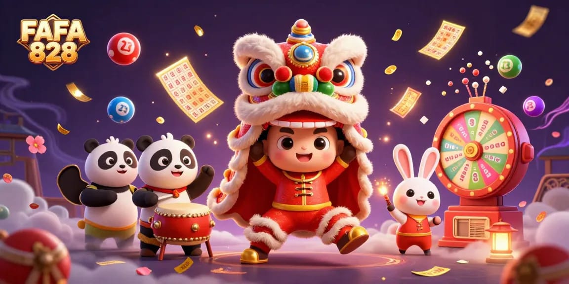 Experience the excitement of FAFA 828 with a lively lion dance scene filled with colorful lottery elements and casino vibes.