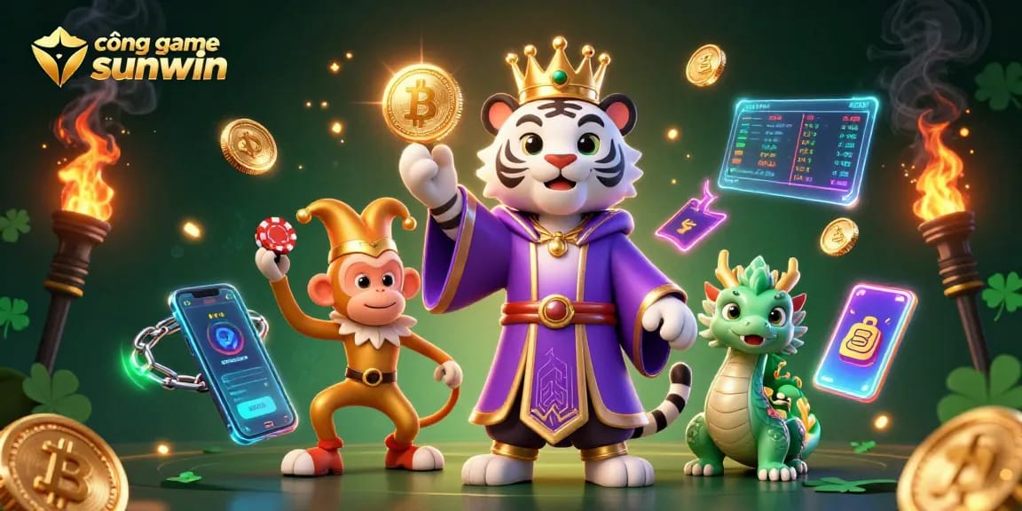 Cổng game sunwin highlights an engaging 3D scene of a tiger, monkey, and jade dragon amid exciting crypto elements.