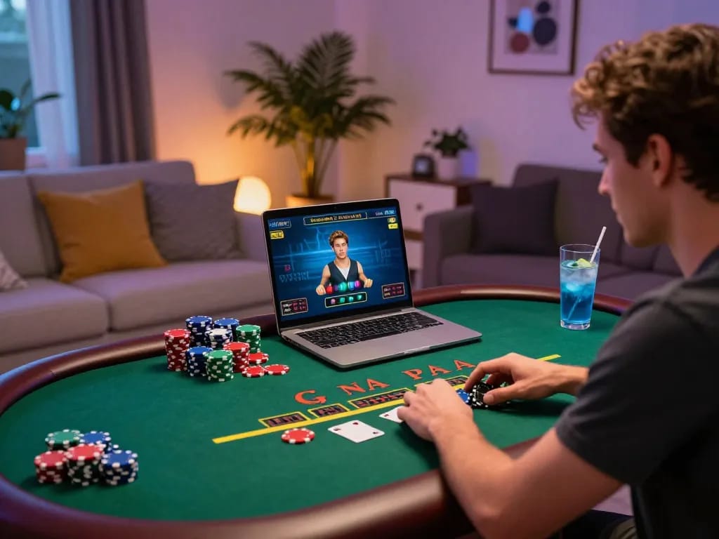 Player engaged in live dealer blackjack on laptop, showcasing directregth gaming strategy in cozy atmosphere.