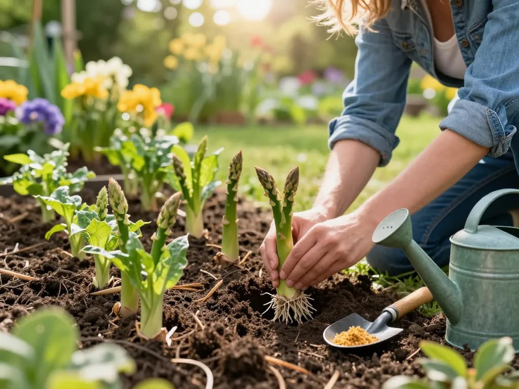 Planting Gijnlim green asparagus seedlings in a home garden, showcasing gardening techniques.