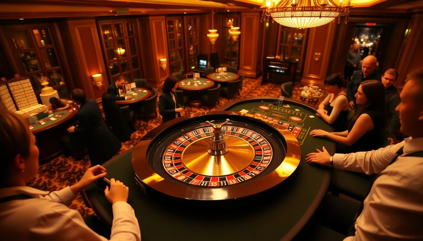 Experience the thrill of casino online schweiz with an elegant roulette table and vibrant atmosphere.