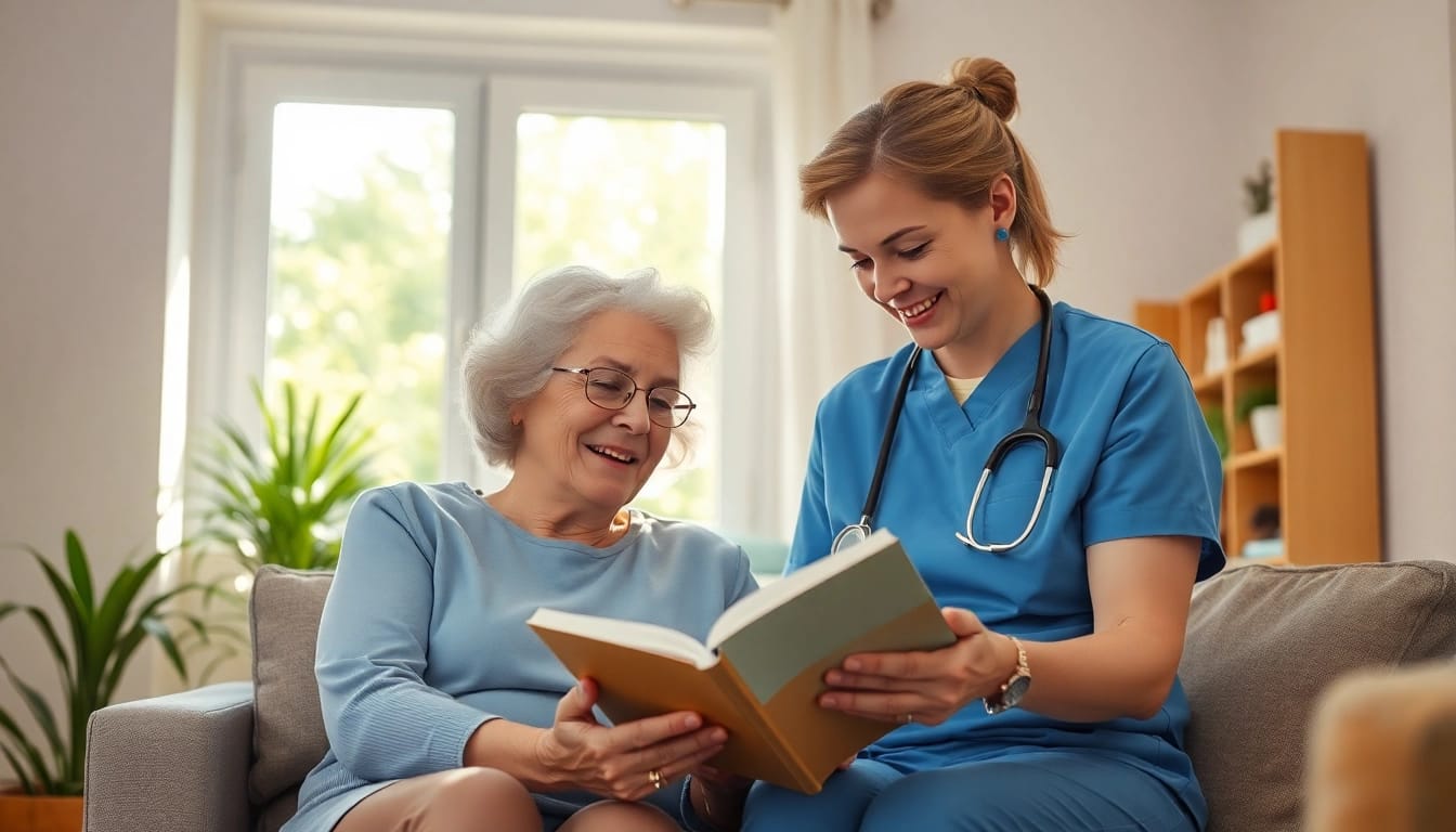 Freundliche Pflegekraft unterstützt ältere Person beim Lesen im Rahmen eines Pflegedienstes.