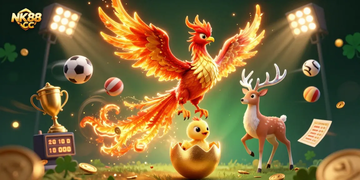 Experience dynamic sports action with NK88 cc featuring a mythical phoenix amidst celebratory gaming elements.