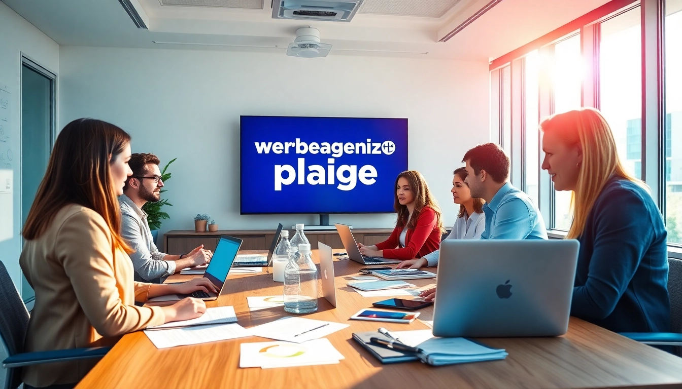 Collaborative team at a werbeagentur pflege discussing innovative marketing strategies.