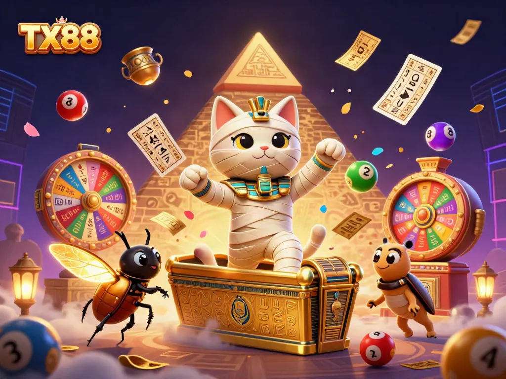 Engage with TX88, where the Egyptian mummy cat and glowing scarab come alive in a vibrant casino scene.