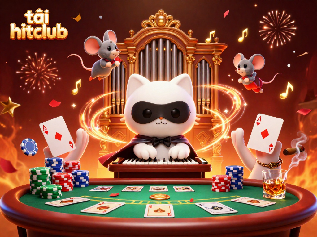 Engage in gameplay with tải hitclub, featuring a vibrant casino scene with unique characters and colorful chips.