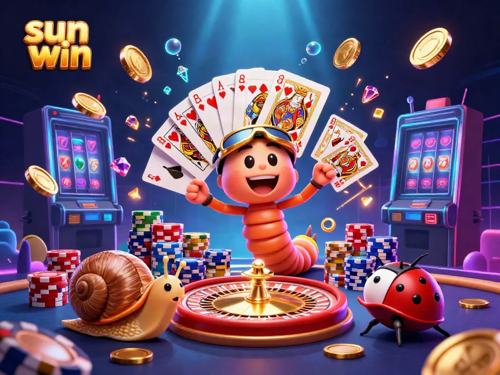 Experience the vibrant excitement of sun win gaming with a cartoon millipede dealer and thrilling casino elements.