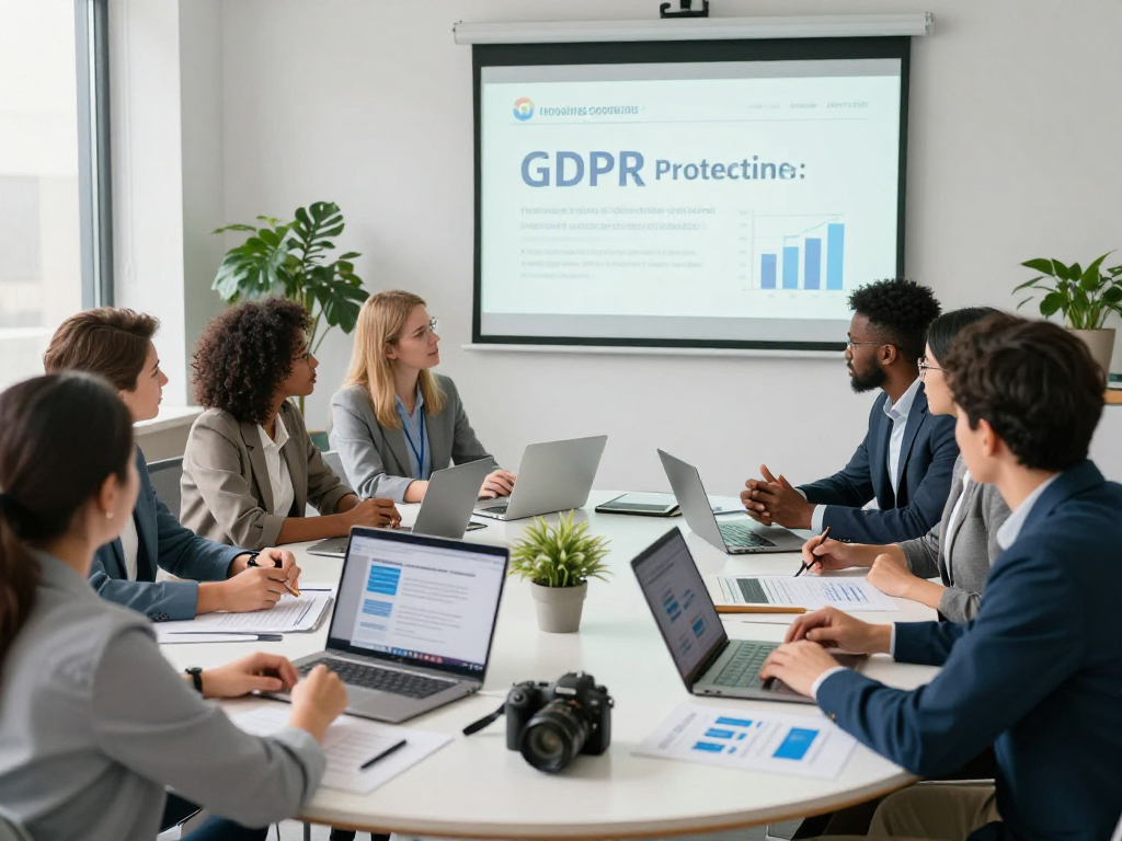 Wirtschaft und Verwaltung Wohnungsbaugenossenschaften, Team an modernem Tisch diskutiert über Datenschutz und Barrierefreiheit.