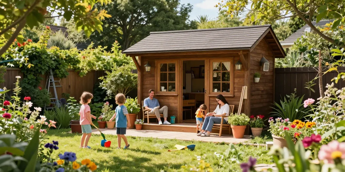 Wunderschönes Gartenhaus kaufen, umgeben von blühenden Pflanzen und einer Familie, die entspannt im Freien genießt.