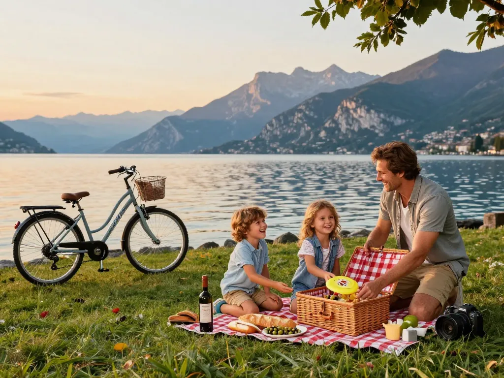 Familie genießt ihren Urlaub am Gardasee mit einem Picknick am malerischen Ufer bei Sonnenuntergang und schafft fröhliche Urlaubs-Erinnerungen.