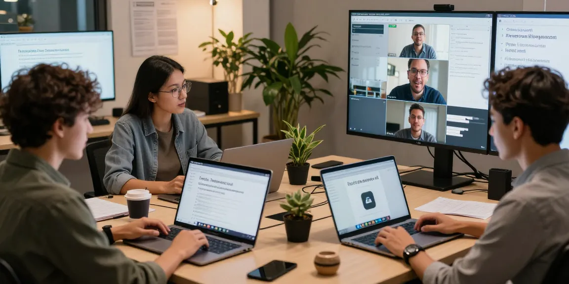 Professionelles Team im Online-Meeting mit Untertitel-Übersetzer für mehrsprachige Kommunikation