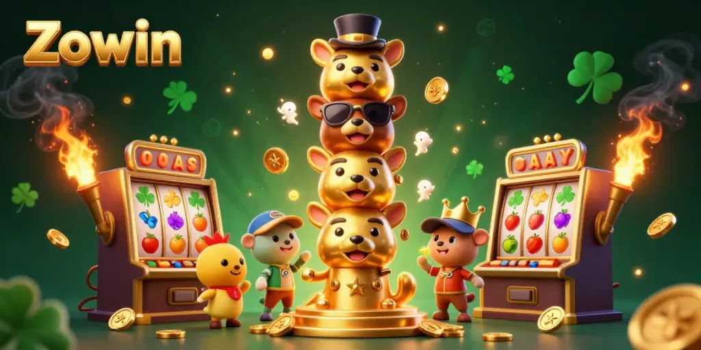 Experience Zowin's vibrant gaming scene with a dynamic golden totem and celebratory casino elements.