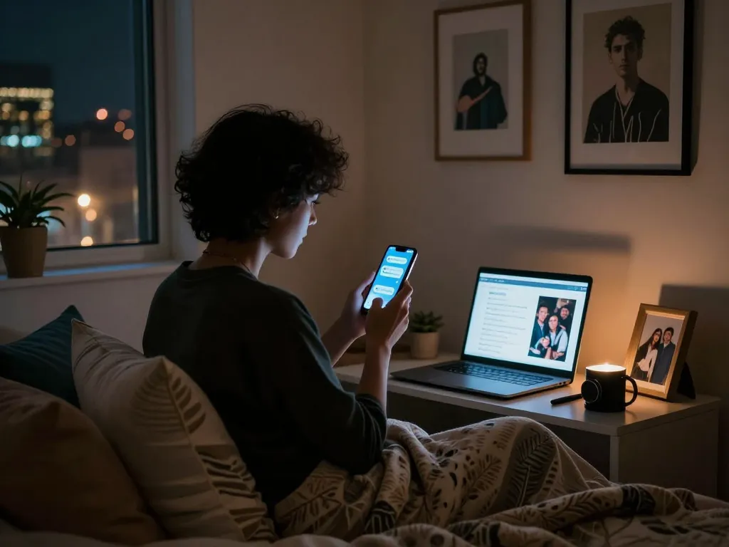Engaging in sexting AI conversations in a cozy bedroom setting
