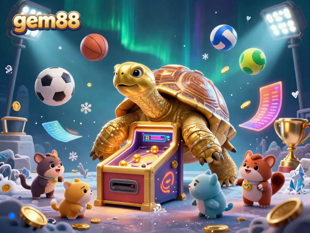 Experience the excitement of gem88 with a fun pinball tortoise and dynamic sports scenes in this vibrant illustration.