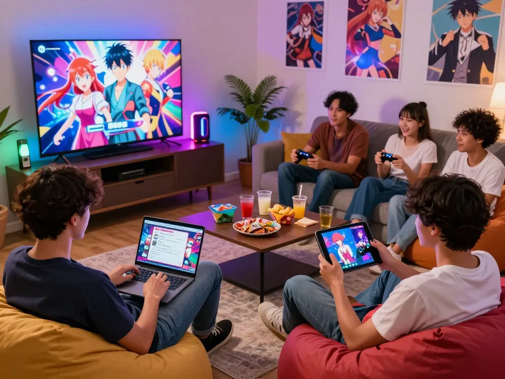 Engaging game sex experience with friends playing adult visual novels in a cozy living room.