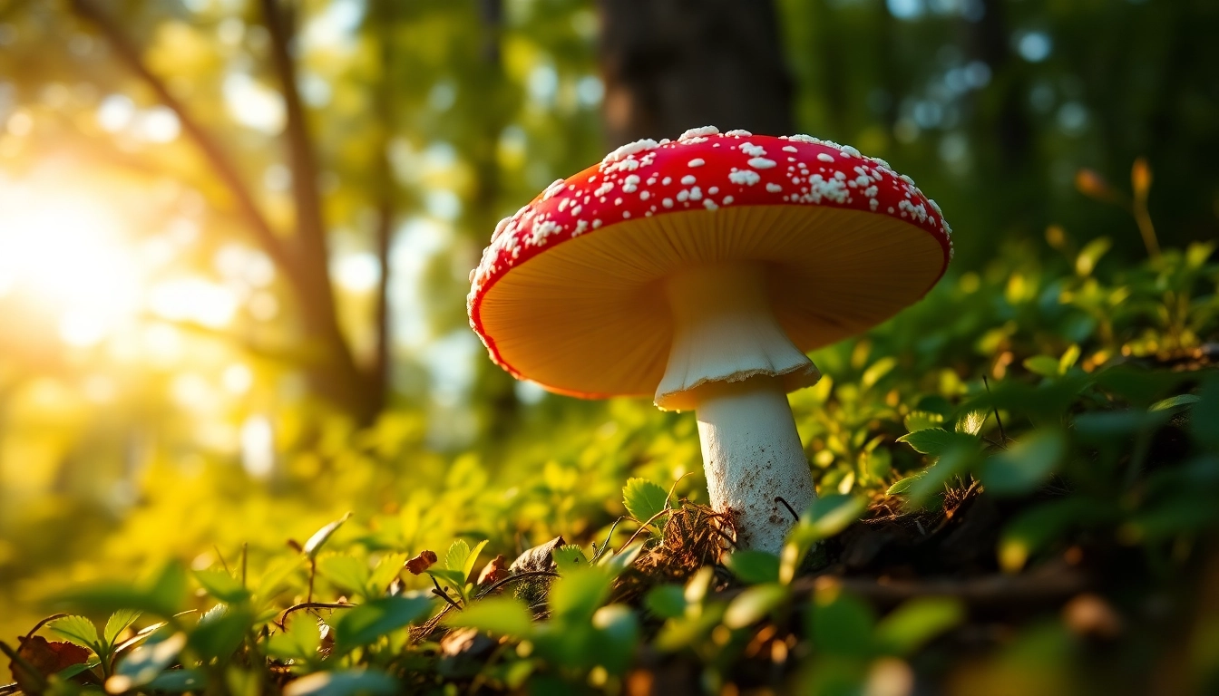 Fliegenpilz pulver in der Natur umgeben von dem charakteristischen roten Fliegenpilz mit weißen Punkten.