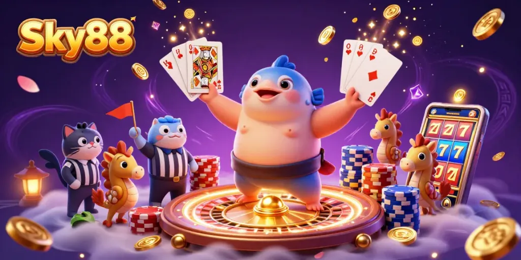 Sky88 showcases thrilling underwater casino action with colorful characters and dynamic gaming elements.