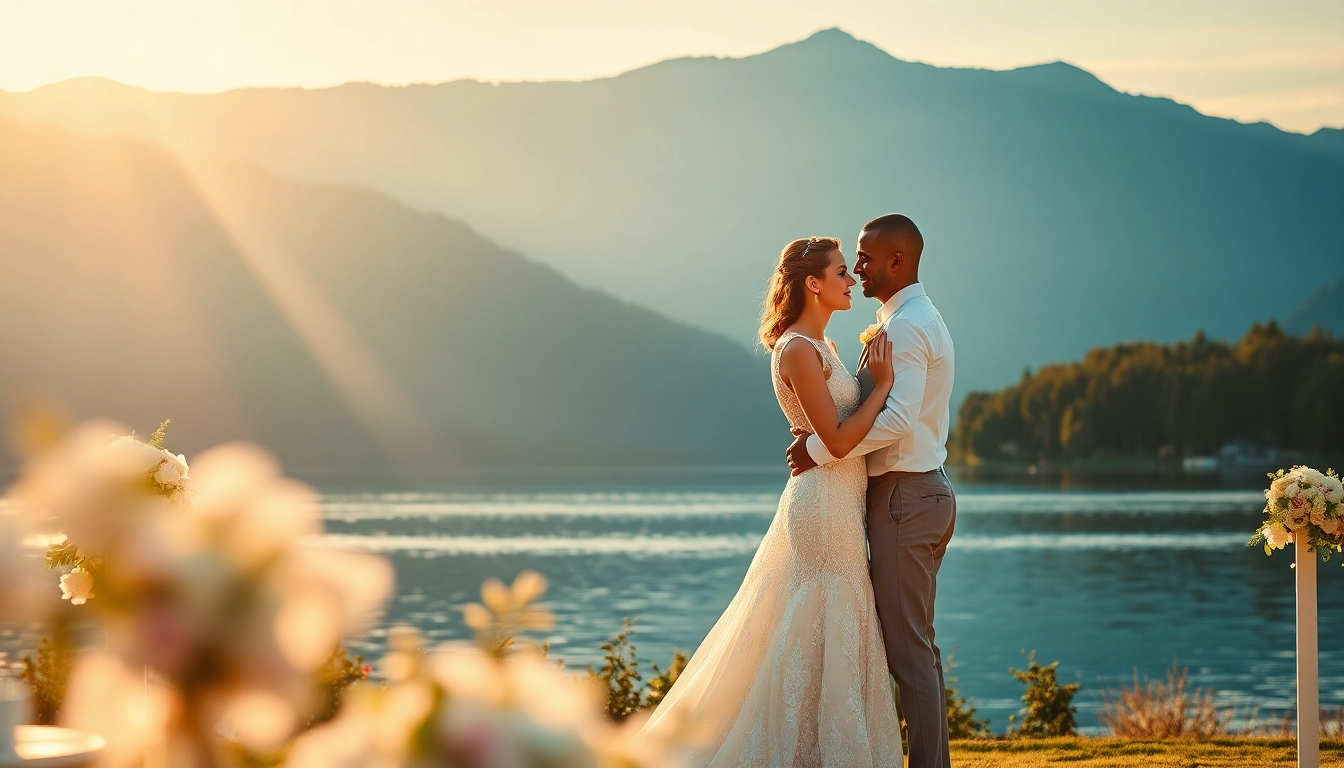 Hochzeitsfotograf Tegernsee fängt ein Brautpaar am Tegernsee bei Sonnenuntergang ein.