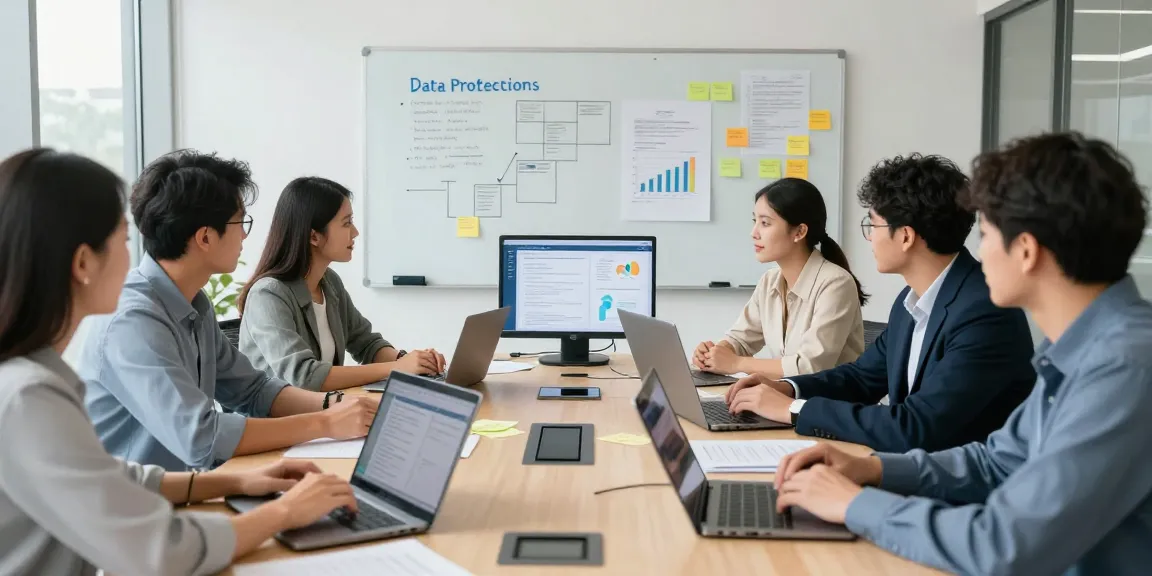 Engaged team in a professional consultation for Wirtschaft und Verwaltung Wohnungsbaugenossenschaften, discussing data protection strategies in an office.