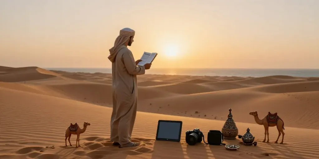 Reise Oman: Entdecker auf einer Sanddüne mit Blick auf das Arabische Meer