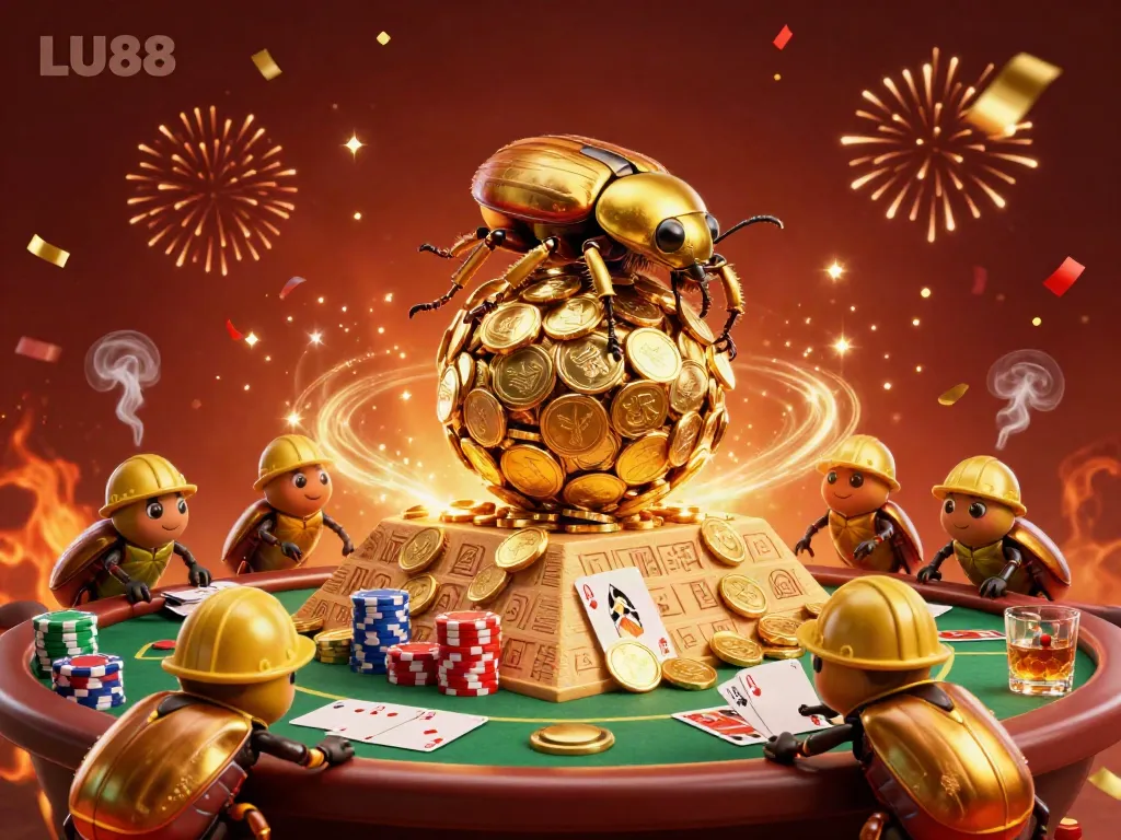 LU88 celebrates with a golden dung beetle rolling coins and poker elements, showcasing dynamic casino action.