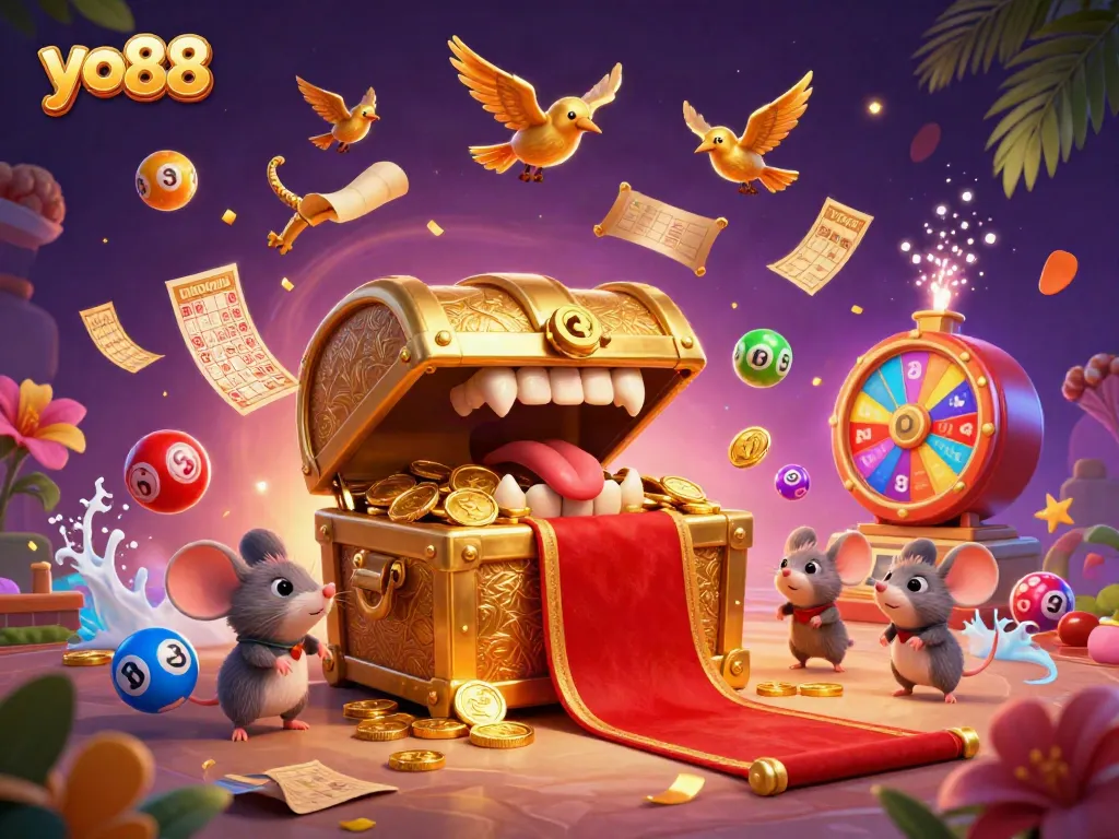 Engage in the thrilling world of yo88 with this vibrant casino-themed illustration featuring treasure and games.