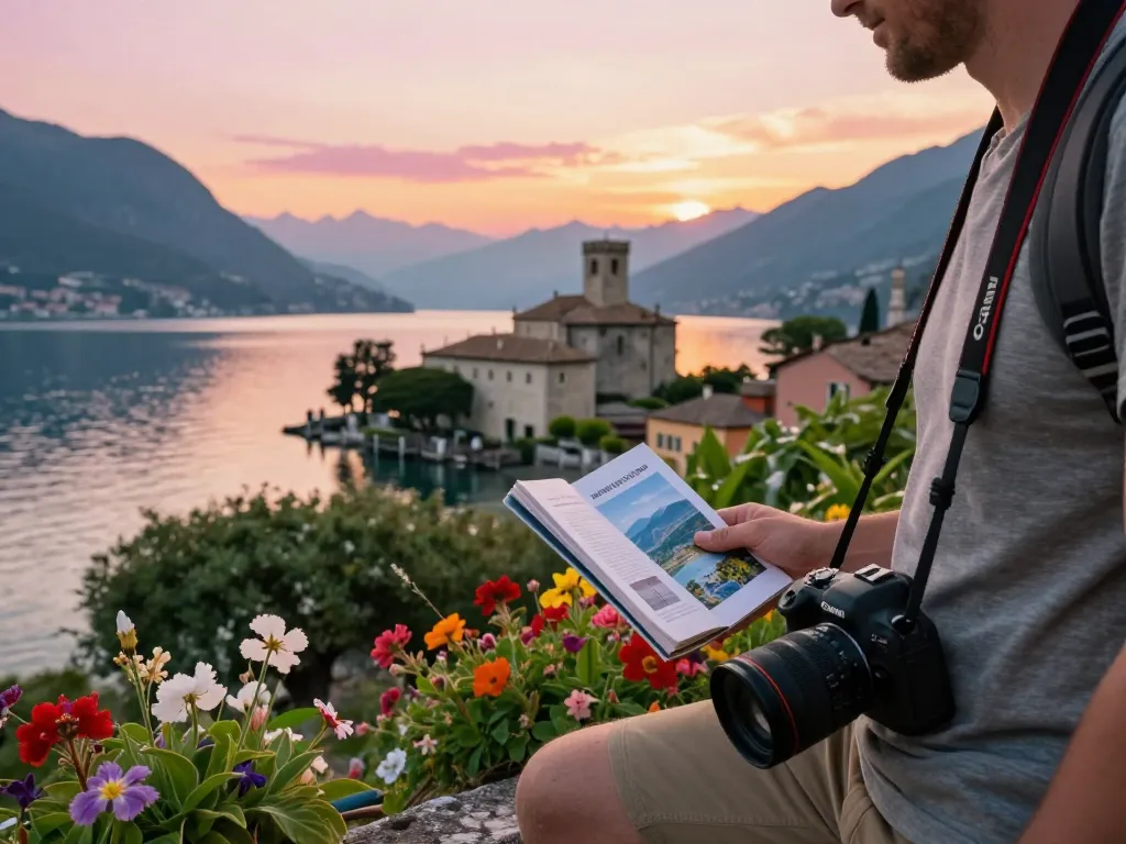 Schöner Sonnenuntergang am Gardasee mit einem Reisenden, der Urlaub am Gardasee genießt, in Wanderausrüstung und mit einem Reiseführer in der Hand.