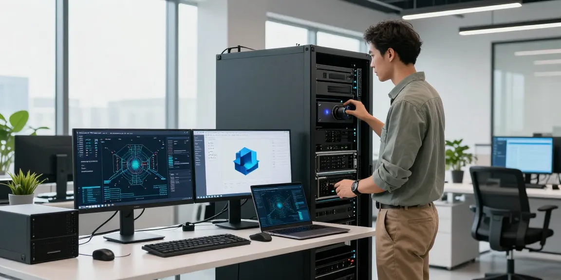 IT-Administrationsumgebung mit Windows Server 2025 Software für Unternehmen, moderne Bürokultur und Serverkonfiguration.