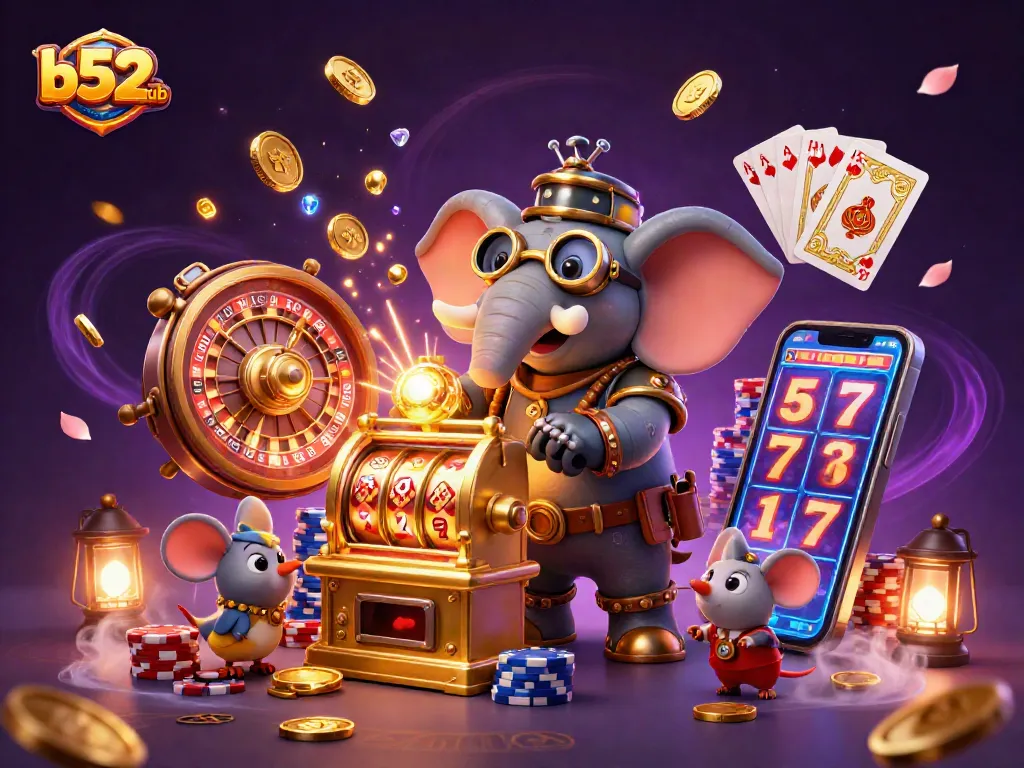 Experience a vibrant b52club gaming scene with a steampunk elephant, golden slot machines, and casino elements.