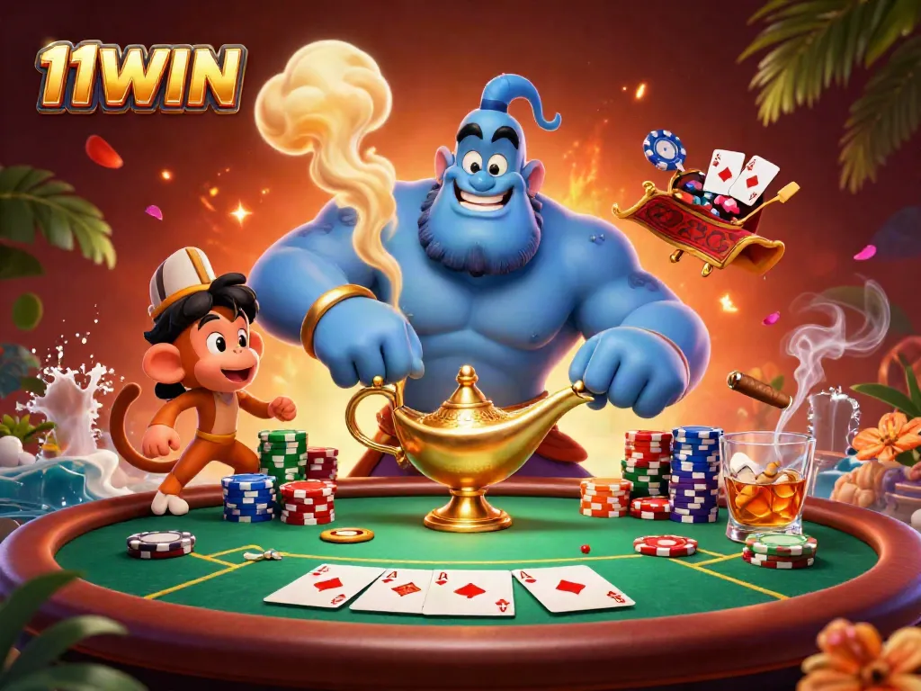 Experience excitement at 11WIN with a vibrant scene of cartoon characters and poker elements, highlighting the fun of casino games.