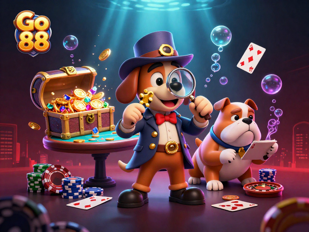 Win big with Go 88 as the detective and bulldog reveal hidden treasures amid vibrant casino gameplay.