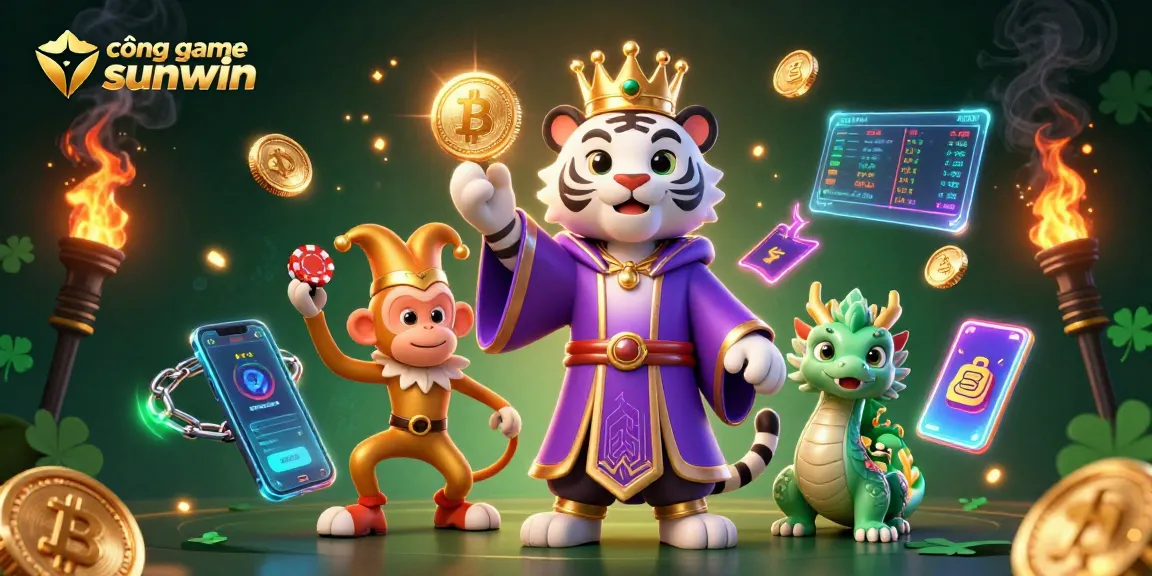 Cổng game sunwin highlights an engaging 3D scene of a tiger, monkey, and jade dragon amid exciting crypto elements.