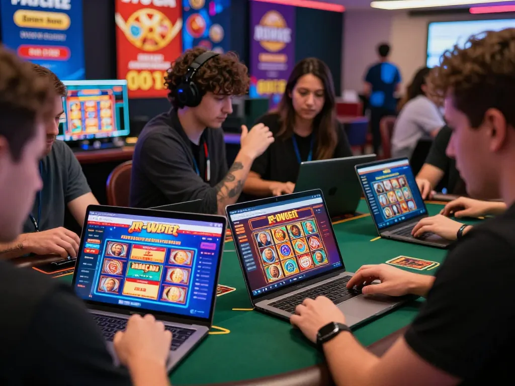 Engaged players exploring the aud77 e-wallet platform in a lively online casino environment with colorful game displays and promotional banners.