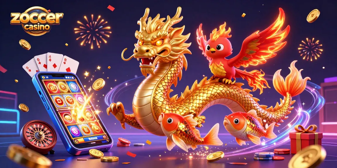 Zoccer casino offers thrilling gameplay with a vibrant 3D dragon, phoenix, and koi fish amidst colorful gambling elements.