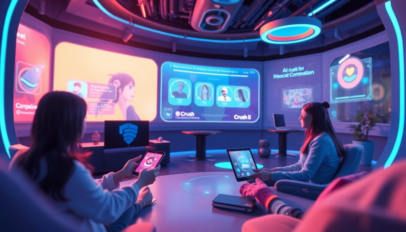 Interactive scene showcasing Crush AI in a futuristic virtual reality setting, enhancing user companionship.