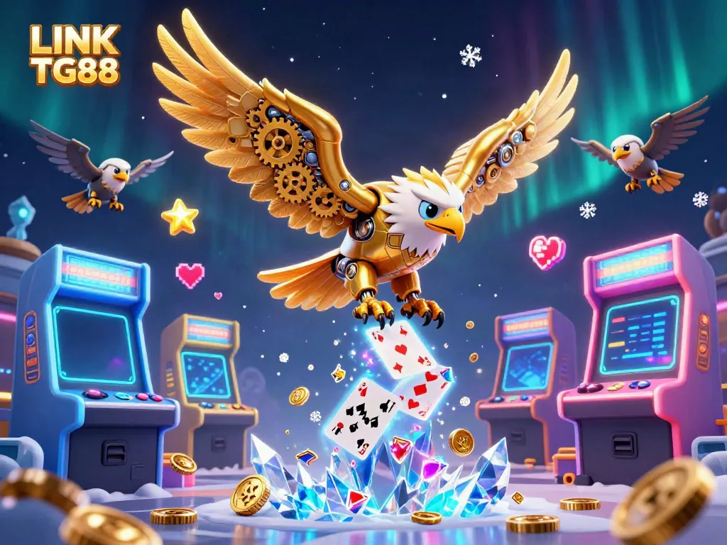 Experience LINK TG88 as a golden eagle soars through holographic cards in a vibrant casino scene.