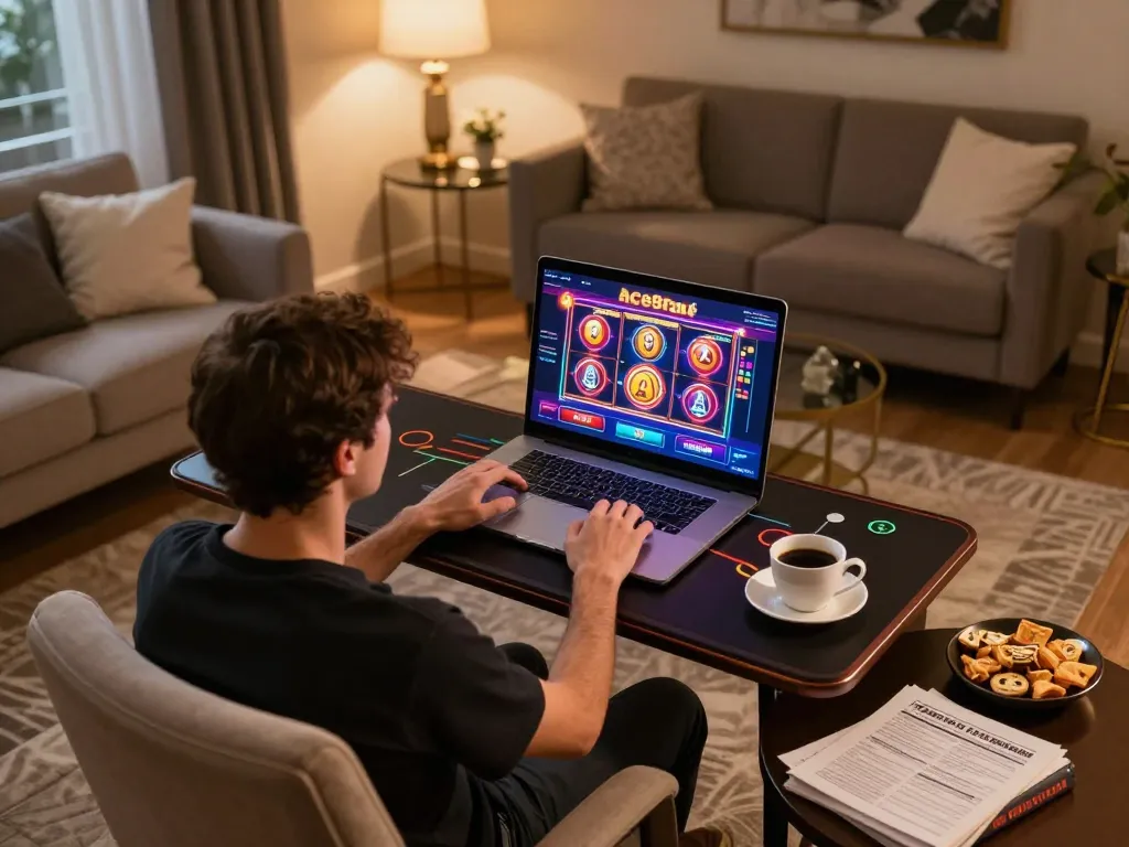 Playing thrilling Ace96au slots on a stylish home gaming setup, enhancing online casino experience