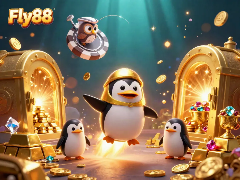 Fly88 showcases a golden penguin racing towards a casino space station with treasures around.