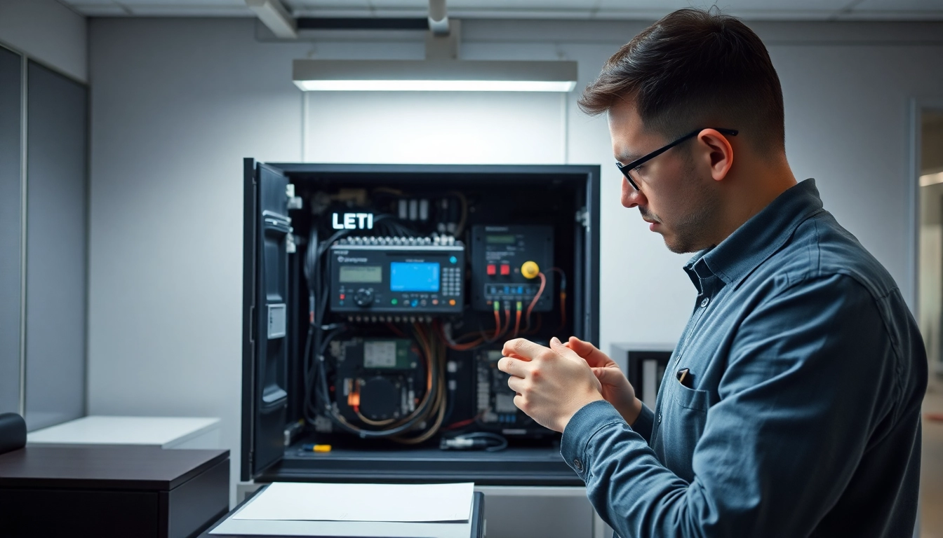 Techniker führt die DGUV V3 Prüfung an elektrischen Geräten durch, um Sicherheit am Arbeitsplatz zu gewährleisten.