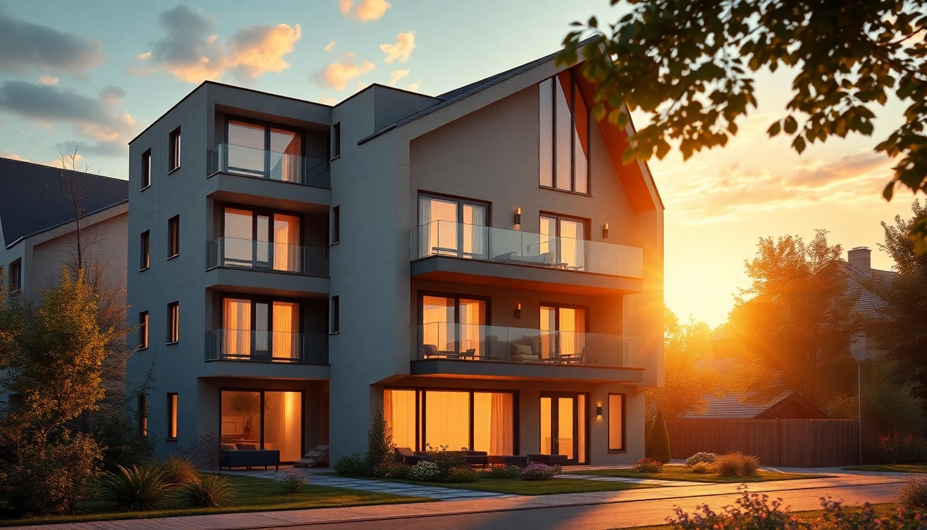 Architekturvisualisierung eines modernen Wohngebäudes, das in warmem Licht erstrahlt und feine Details zur Schau stellt.