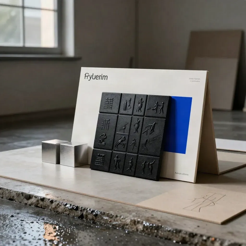 Markenboards, Metallblöcke und blaues Material auf nassem Beton im Kreuzberger Loft.