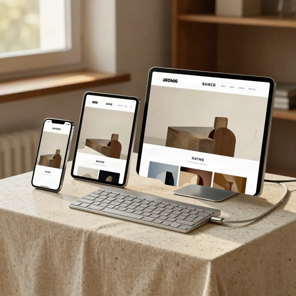 Drei Acryl-Layouts für Website-Größen auf Leinen und Travertin mit sanftem Fensterlicht.